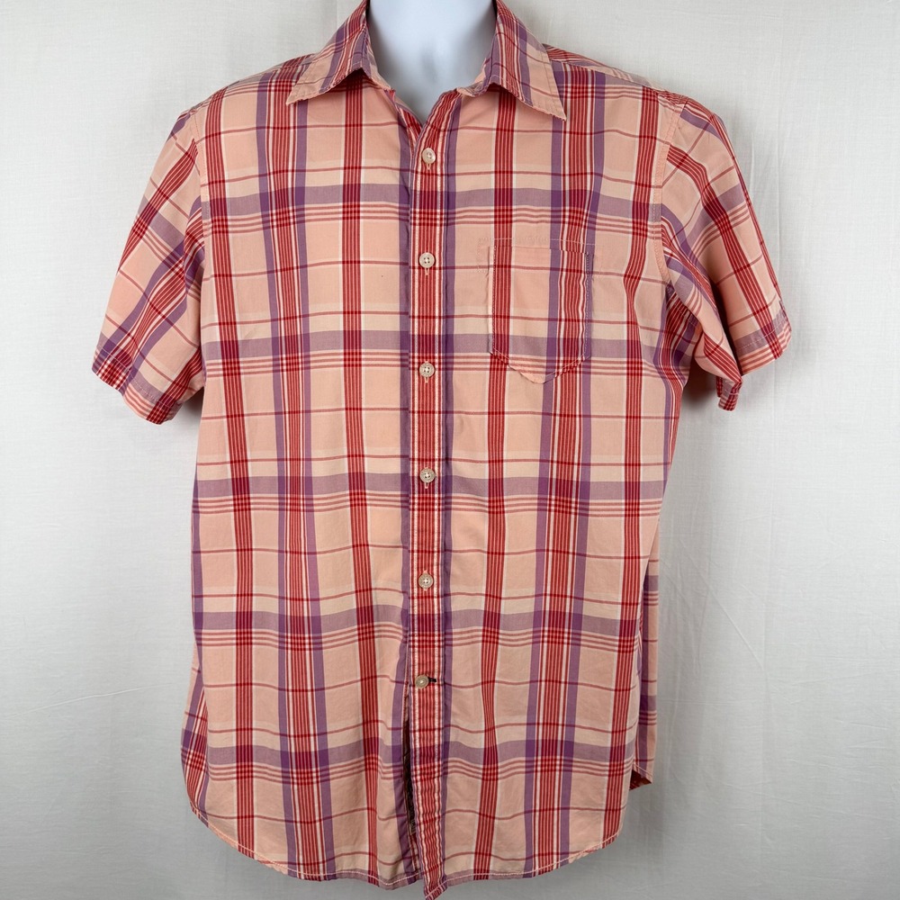 Cremieux Premium Denim Mens Large Short Sleeve Plaid Button Down Shirt Orange